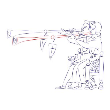 Ortaçağ kostümlü müzisyenlerin sürekli çizimleri. Ortaçağ trompetleri çalıyorlar. Beyazlar üzerinde soyutlanmışlar. El çizimi, vektör illüstrasyonu