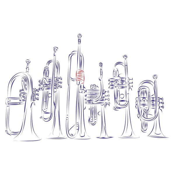 Dibujo Línea Continua Tipos Modernos Trompetas Aisladas Blanco Dibujado Mano — Vector de stock