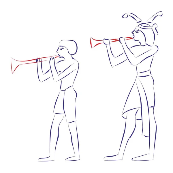 在古埃及 年轻男子吹奏早期小号的连续线条画 被白色隔开 矢量图解 — 图库矢量图片