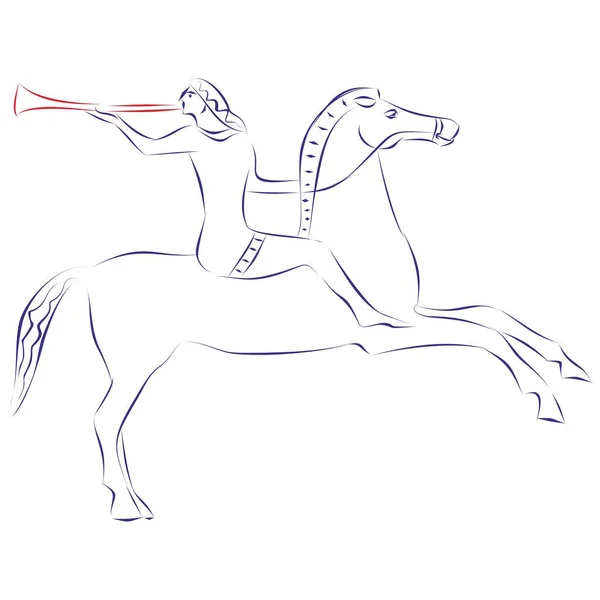 在古希腊 年轻姑娘骑着马吹奏军号的连续线条画 被白色隔开 矢量图解 图库插图