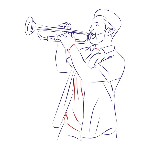 Solo Olarak Bir Trompetçinin Durmaksızın Çizdiği Çizgi Beyazda Izole Edilmiş Stok Vektör