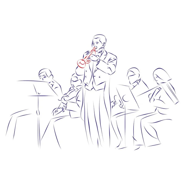 小号演奏者作为独奏者在管弦乐队中的连续线画 被白色隔离 矢量图解 图库插图