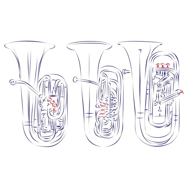 Dessin Continu Trois Différents Types Tuba Moderne Isolé Sur Blanc — Image vectorielle