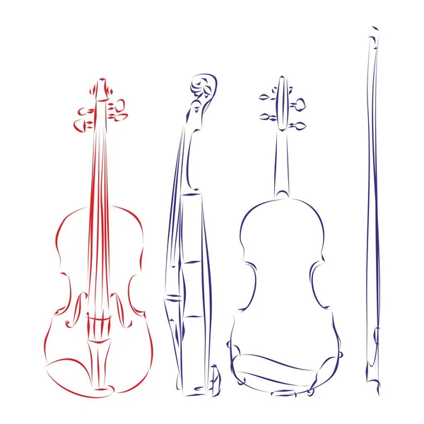 Непрерывная Линия Рисунка Современной Скрипки Фронтальном Боковом Заднем Виде Изолированном — стоковый вектор