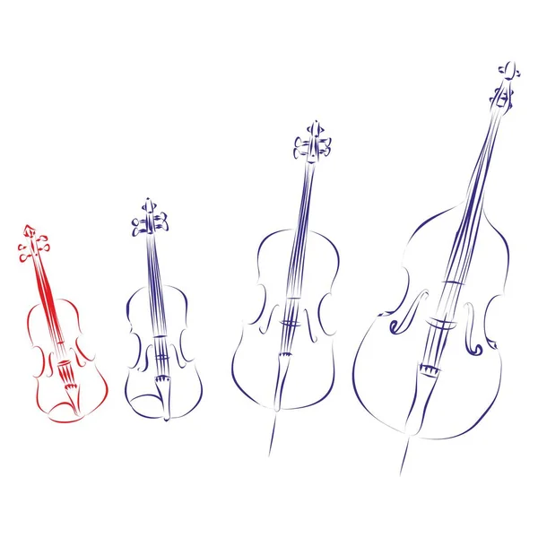 楽器の弓弦の家族の連続線画 バイオリン ヴィオラ チェロとダブルベース 白に隔離された 手描きベクトルイラスト — ストックベクタ