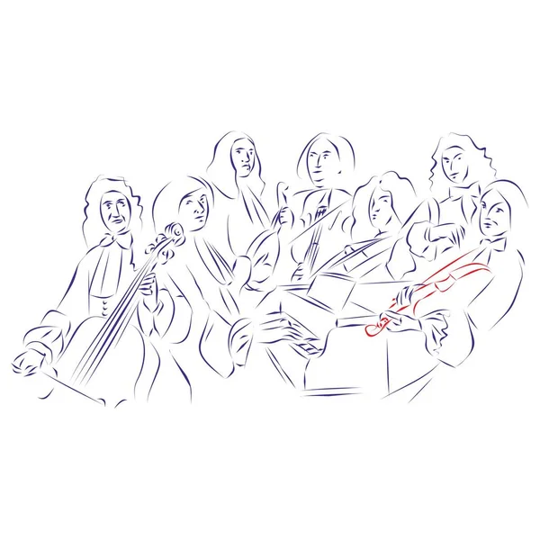 Kontinuerlig Ritning Grupp Musiker Som Spelar Barockinstrument Isolerade Vitt Handritad Royaltyfria illustrationer