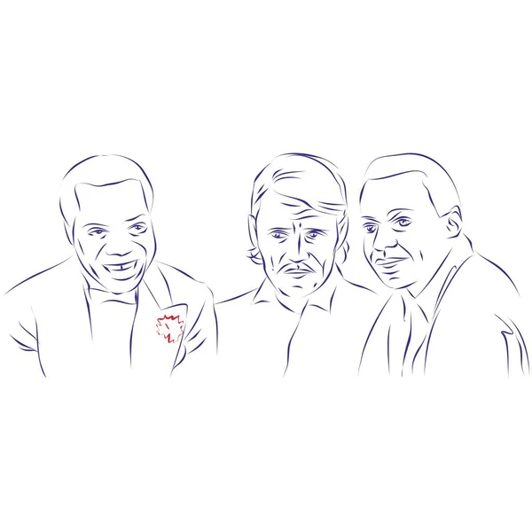 连续的线条画 爵士音乐家路易斯阿姆斯特朗 切特贝克和迈尔斯戴维斯的肖像 孤立在白色 矢量图解 图库插图