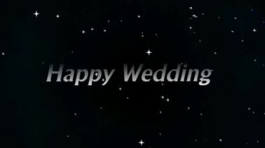 Güzel tasarlanmış bir video, parıldayan yıldızların aydınlattığı karanlık bir zemin üzerine kurulu yürekten mutlu bir düğün dileği iletir. Sahne romantik ve kutlamalı bir atmosferi çağrıştırıyor.