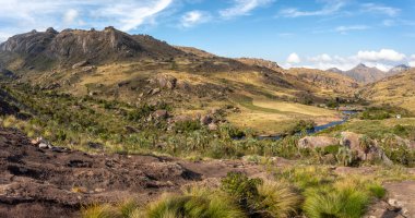 Andringitra national park, Haute Matsiatra region, Madagascar, beautiful mountain landscape with river in valley. Hiking in Andringitra mountains. Sunny day. Madagascar wilderness landscape.