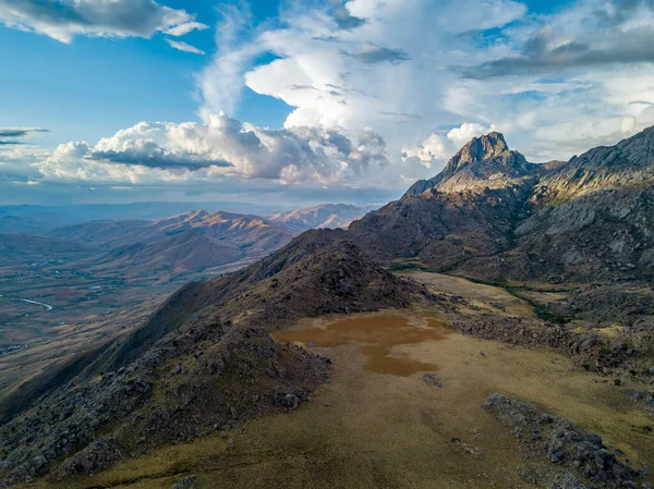 Andringitra national park,mountain landscape. View from above. Drone photo of mountain panorama and valley with dramatic sky. Madagascar hill wilderness.