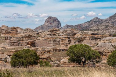 Isalo National Park in Ihorombe Region. Wilderness landscape with water erosion into rocky outcrops, plateaus, extensive plains and deep canyons like in Utah. Beautiful Madagascar panorama landscape.