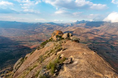 Andringitra national park, Haute Matsiatra, Madagascar, beautiful mountain landscape, top of trail to Chameleon peak and massifs. Hiking in Andringitra mountains. Madagascar wilderness landscape.