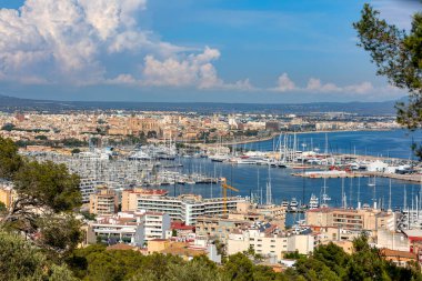 Başkent Palma de Mallorca 'nın manzarası. Bellver Castle Hill 'den, La Seu Katedrali' nin bulunduğu eski kasaba merkezine. Balear Adaları Mallorca İspanya.