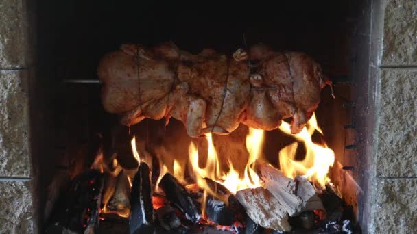 Drie Kip Roosteren Een Spit Tuin Grill Met Open Vuur — Stockvideo