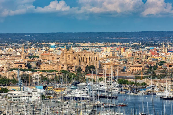 stock image Scenic view of capital city Palma de Mallorca cityscape. View from Bellver Castle hill to old town centre with cathedral La Seu. Balearic Islands Mallorca Spain.