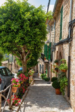 Valldemossa 'da dar bir sokakta bir sürü çiçek var. Mimari hazineler - Valldemossa 'nın tarihi merkezi ve Akdeniz mimarisinin büyüsü. Balear Adaları Mallorca İspanya.