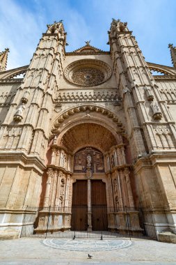 Gotik Ortaçağ Katedrali La Seu ve La Almudaina Kraliyet Sarayı. Başkent Palma de Mallorca. Balear Adaları İspanya. Seyahat acentası tatil kavramı.