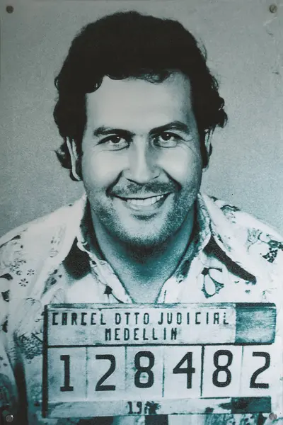 Medellin Kolumbien Dezember 2023 Polizeifoto Des Berühmten Drogenhändlers Pablo Escobar Stockbild