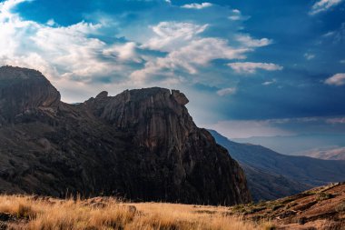 Andringitra national park, Haute Matsiatra region, Madagascar, beautiful mountain landscape with trail to Chameleon peak and massifs. Hiking in Andringitra mountains. Madagascar wilderness landscape.