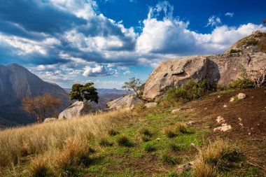 Andringitra national park, Haute Matsiatra region, Madagascar, beautiful mountain landscape with trail to Chameleon peak and massifs. Hiking in Andringitra mountains. Madagascar wilderness landscape.