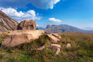 Andringitra national park, Haute Matsiatra region, Madagascar, beautiful mountain landscape with trail to Chameleon peak and massifs. Hiking in Andringitra mountains. Madagascar wilderness landscape. clipart