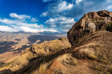 Andringitra national park, Haute Matsiatra region, Madagascar, beautiful mountain landscape with trail to Chameleon peak and massifs. Hiking in Andringitra mountains. Madagascar wilderness landscape. clipart