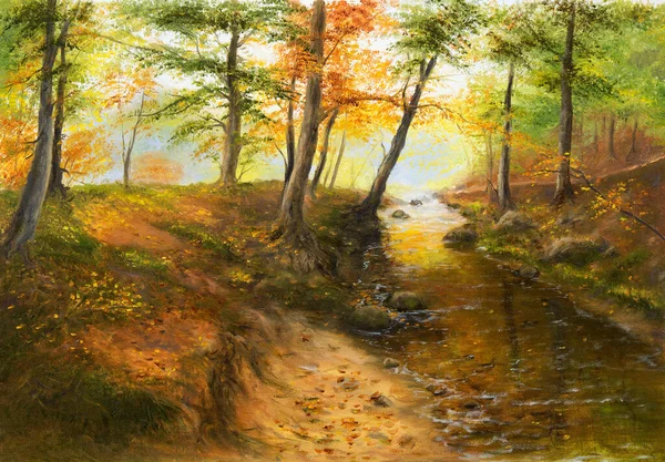 Original  oil painting of beautifl autumn landscape, forest,mountains  and river  on canvas.Modern Impressionism, modernism,marinis