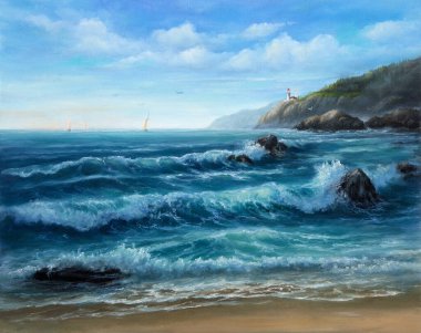 Deniz feneri canvas.modern İzlenimcilik üzerinde sahil üzerinde orijinal Yağlıboya Resim