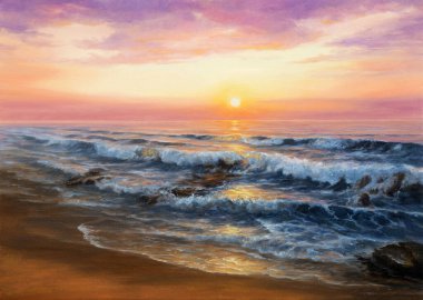 Okyanus plajındaki güzel altın gün batımının orijinal yağlı tablosu. Modern empresyonizm, modernizm, mariniler.