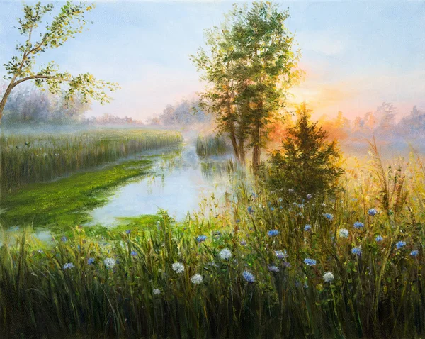 Original Oil Painting Beautifl Spring Landscape Misty Sunrise Lake Canvas — Stock Photo, Image