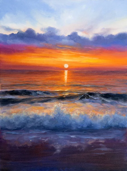 Pintura Óleo Original Hermosa Puesta Sol Dorada Sobre Playa Del Fotos de stock libres de derechos