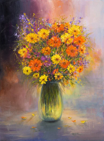 Originální Olejomalby Krásná Váza Nebo Misku Čerstvých Květin Plátně Moderní — Stock fotografie