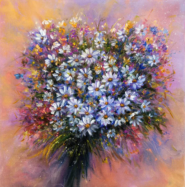 Originální Olejomalba Krásné Kytice Čerstvých Květin Sedmikrásky Plátně Moderní Impresionismus — Stock fotografie