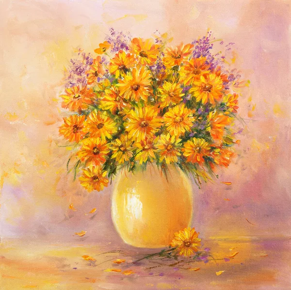 美しい花瓶や新鮮な花のボウルのオリジナル油絵 キャンバス 現代の印象派 モダニズム Marinis — ストック写真