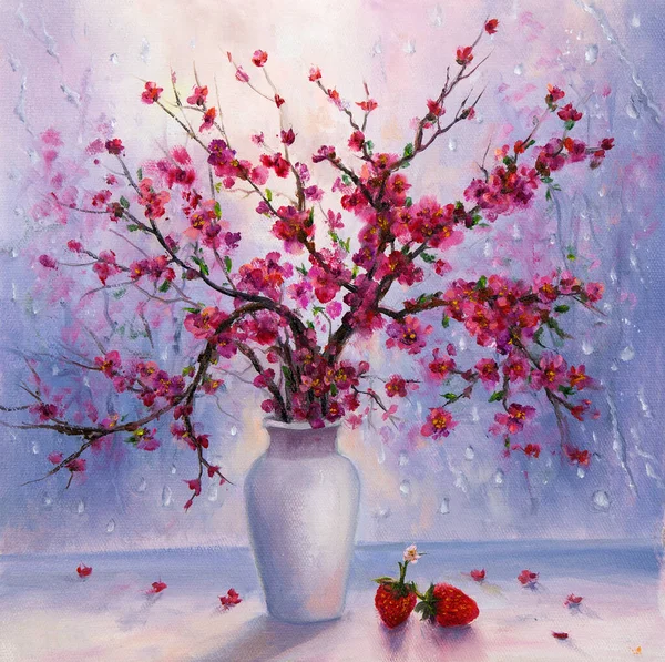 Оригинальная Картина Маслом Красивой Вазы Чаши Японской Вишни Цветок Бранч Стоковое Фото
