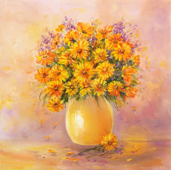 Original Oil Painting Beautiful Vase Bowl Fresh Flowers Canvas Modern Stock Picture
