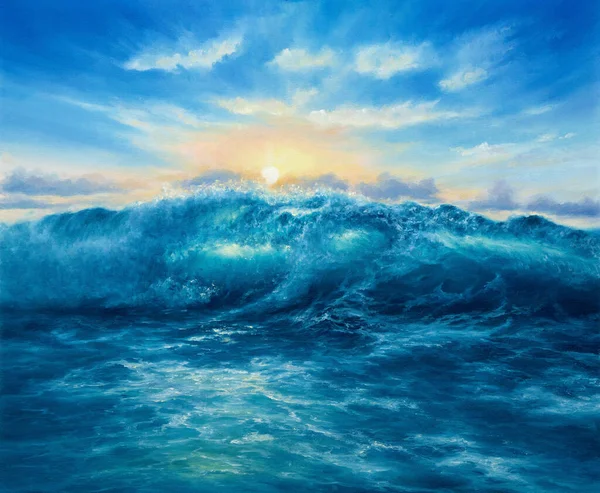 Oryginalny Obraz Olejny Oceanu Fal Zachód Słońca Płótnie Nowoczesny Impresjonizm — Zdjęcie stockowe