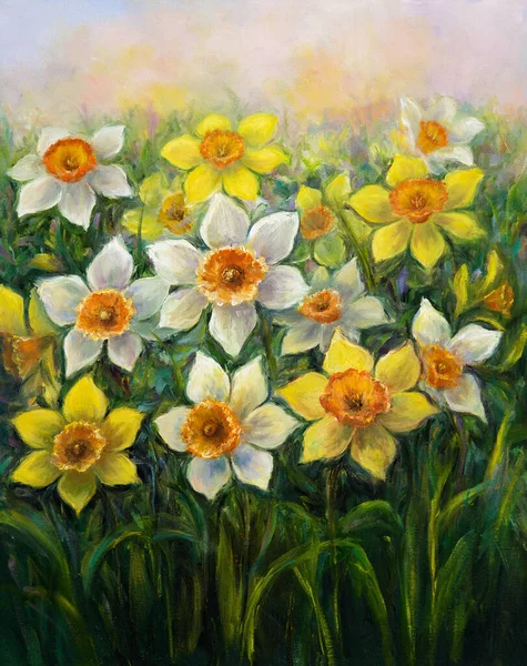 キャンバス上の白と黄色のダフディールの花畑のオリジナルの油絵 現代印象 — ストック写真