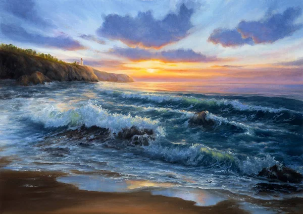 Original Oil Painting Lighthouse Seacoast Front Golden Sunset Canvas Modern Stock Photo