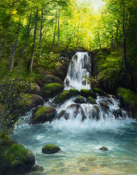 Oryginalny Obraz Olejny Piękny Wiosenny Krajobraz Las Góry Rzeka Wodospadami Obrazek Stockowy