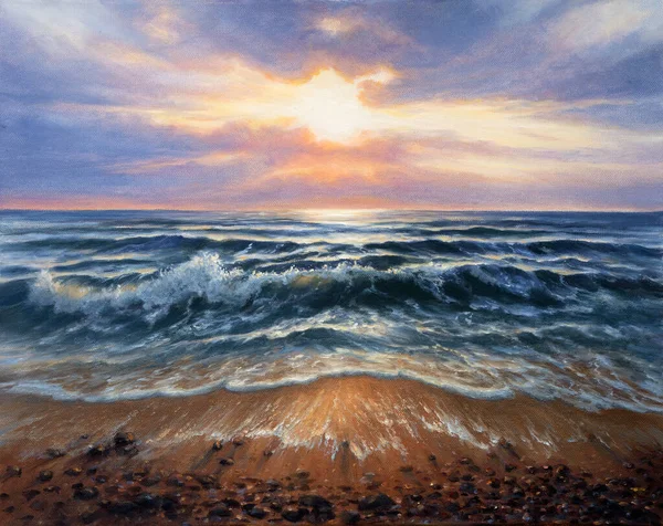 Pintura Óleo Original Hermosa Puesta Sol Dorada Sobre Playa Del Fotos De Stock