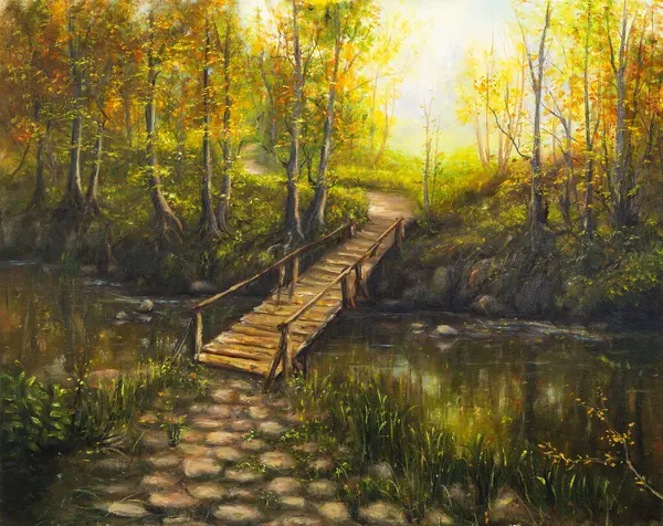 Oryginalny Obraz Olejny Piękna Jesienny Krajobraz Las Góry Rzeka Drewnianym Zdjęcie Stockowe