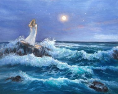 Orijinal okyanus ve ay yağlı boyası. Beyaz elbiseli kadın tuvalin tepesinde duruyor. Modern izlenim.