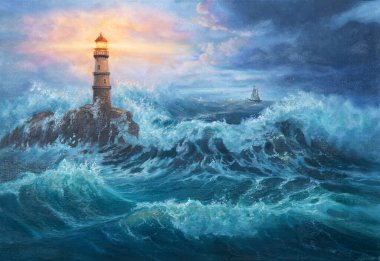 Sahildeki deniz fenerinin orijinal yağlı boyası tuvalde altın günbatımının önünde. Modern İzlenimcilik. Painter-Stanislava Stojkova