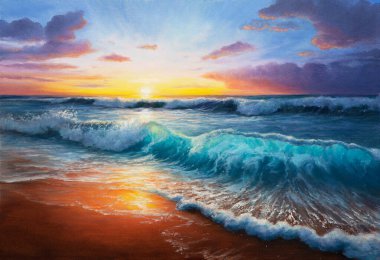 Bu yağlı boya resim, okyanus üzerinde ufku aydınlatan çarpıcı bir günbatımı sergiliyor. Yumuşak dalgalar kumlu bir sahile çarpıyor, huzur ve sükunet hissi yaratıyor..