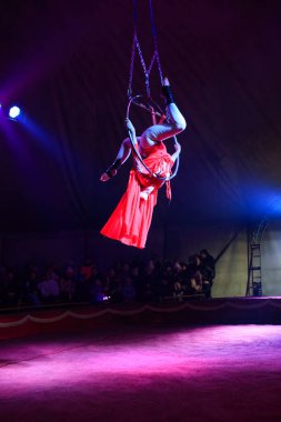 Red Arena 'da profesyonel hava basketbol kadın jimnastikçisi sirk performansı. Arka planı koyu renkli ışıklarla aydınlatılmış, kafası ters asılmış.