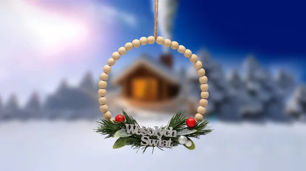 Karácsonyi Koszorú Lengyel Felirattal Boldog Karácsonyt Wesolych Swiat Téli Táj Stock Kép