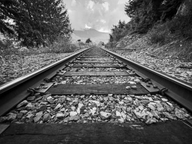 Uzağa giden tren raylarının siyah ve beyaz görüntüsü 