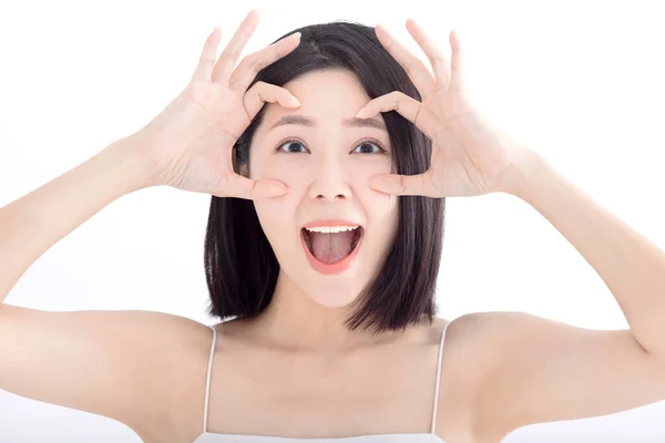 Happy Young Woman Closeup Eye Looking Gesture — Stock Photo, Image