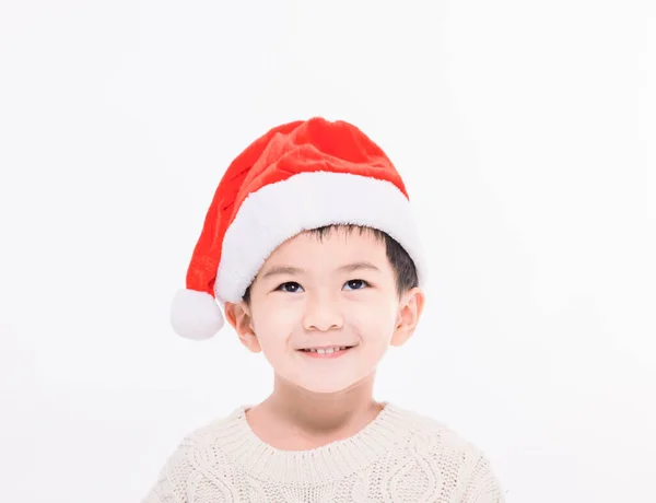 Szczęśliwy Chłopiec Ubrany Boże Narodzenie Santa Kapelusz Patrząc Górę — Zdjęcie stockowe